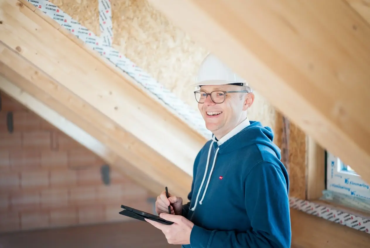 Energieberater Christian Knauss mit weißem Schutzhelm und Tablet bei der Baubegleitung in einem Dachgeschoss
